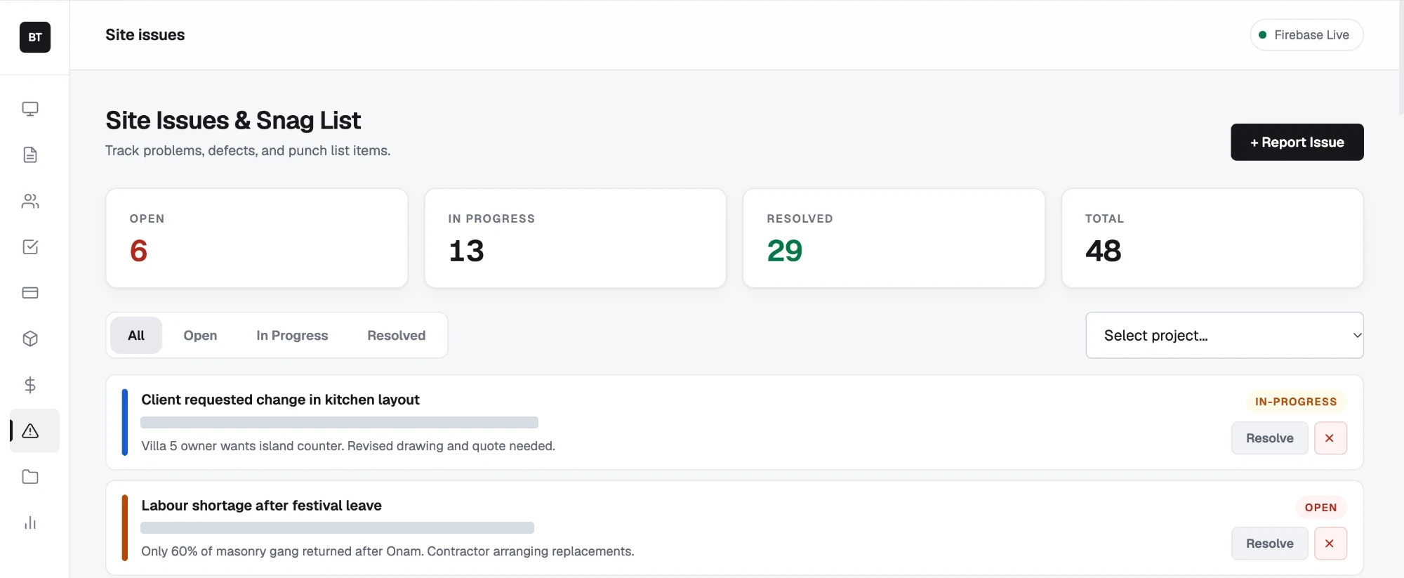 Site issues and snag list, with open, in-progress and resolved items