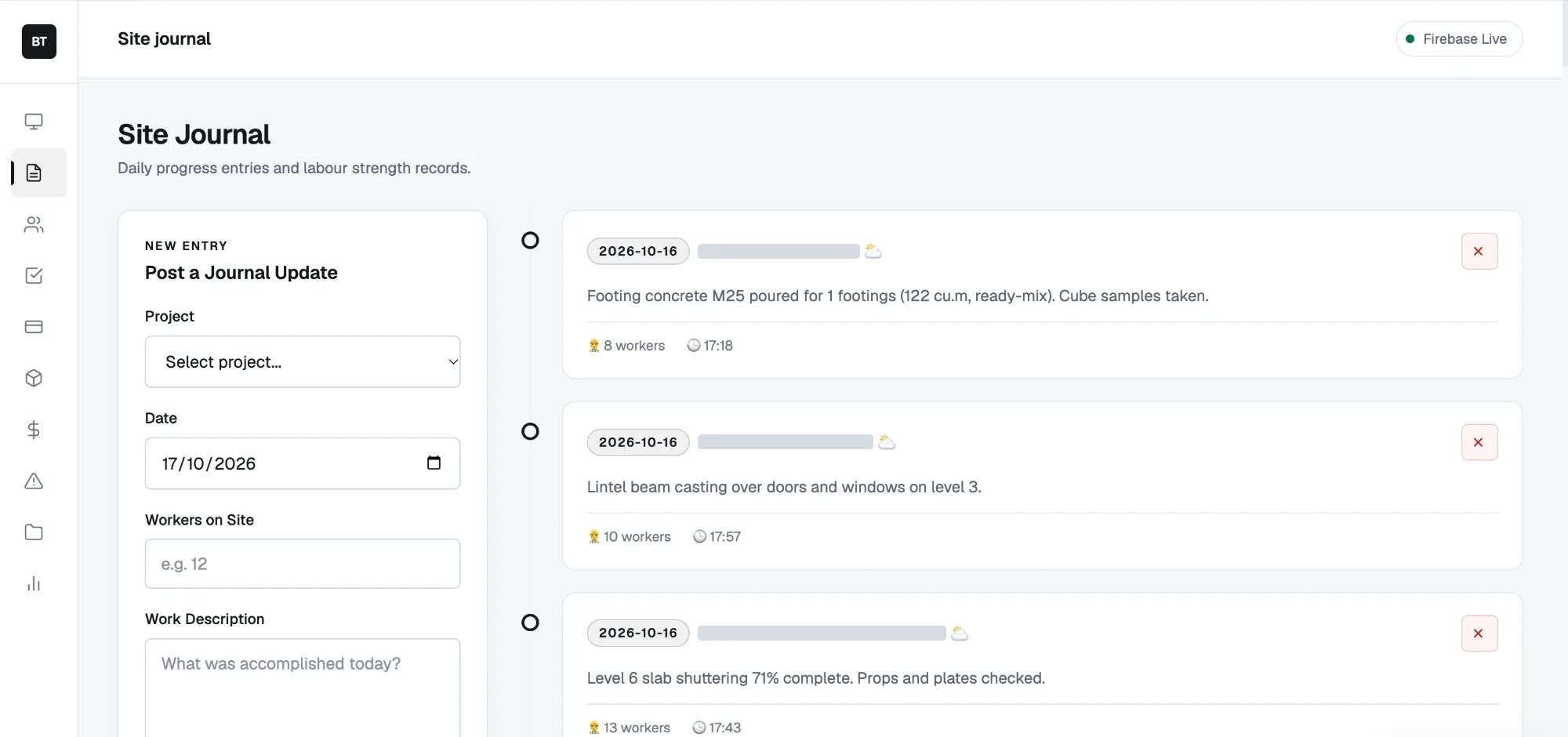 Site journal with daily progress entries for each site