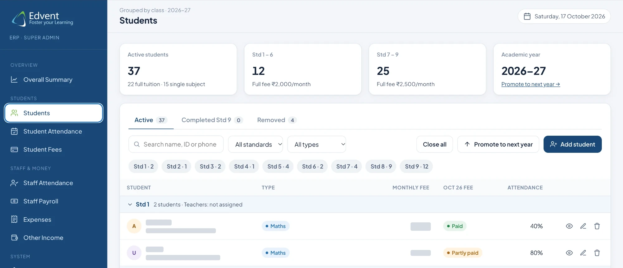 Students grouped by class, with fee status and attendance